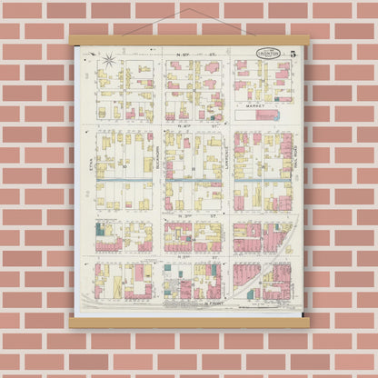 Old map wall art mockup — magnetic wood frame on brick wall — Sanborn Fire Insurance Map from Ironton, Lawrence County, Ohio (1893), Sheet #0005