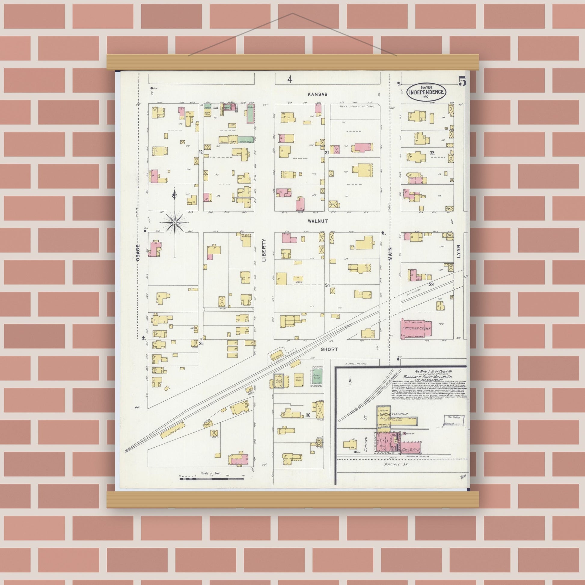 Old map wall art mockup — magnetic wood frame on brick wall — Sanborn Fire Insurance Map from Independence, Jackson County, Missouri (1898), Sheet #0005