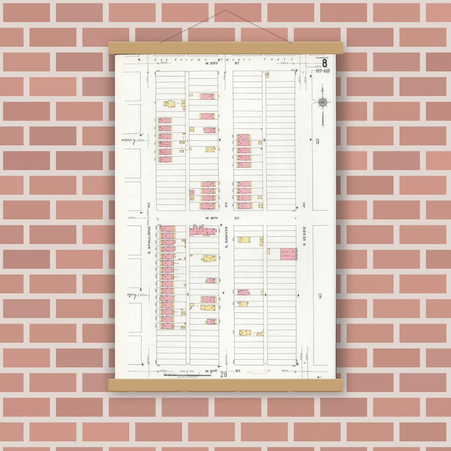 Old map wall art mockup — magnetic wood frame on brick wall — Sanborn Fire Insurance Map from Chicago, Cook County, Illinois (1920), Sheet #0008
