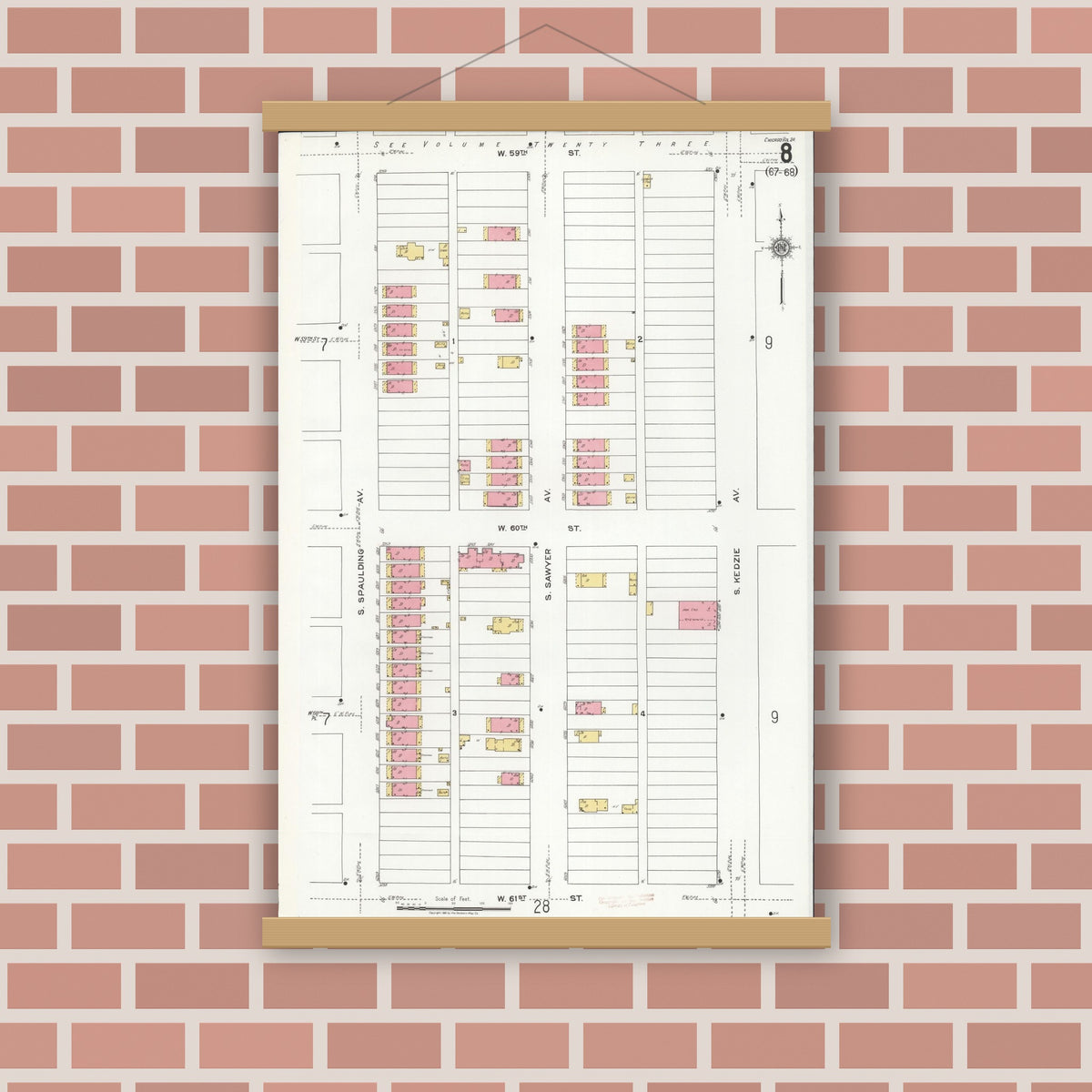 Old map wall art mockup — magnetic wood frame on brick wall — Sanborn Fire Insurance Map from Chicago, Cook County, Illinois (1920), Sheet #0008