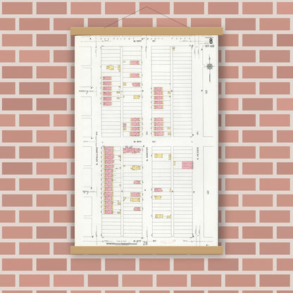 Old map wall art mockup — magnetic wood frame on brick wall — Sanborn Fire Insurance Map from Chicago, Cook County, Illinois (1920), Sheet #0008