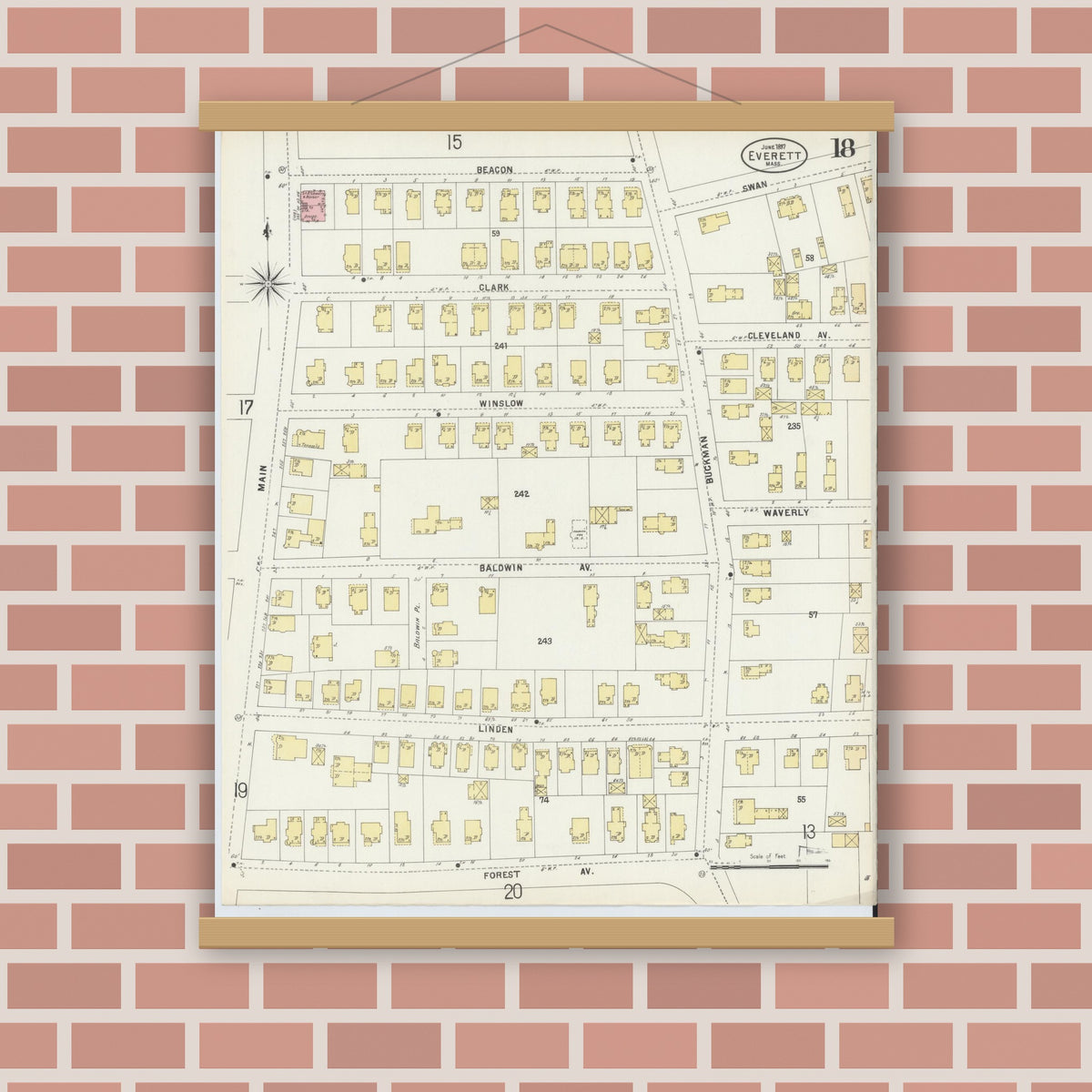 Old map wall art mockup — magnetic wood frame on brick wall — Sanborn Fire Insurance Map from Everett, Middlesex County, Massachusetts (1897), Sheet #0018