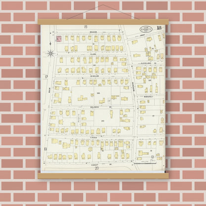 Old map wall art mockup — magnetic wood frame on brick wall — Sanborn Fire Insurance Map from Everett, Middlesex County, Massachusetts (1897), Sheet #0018