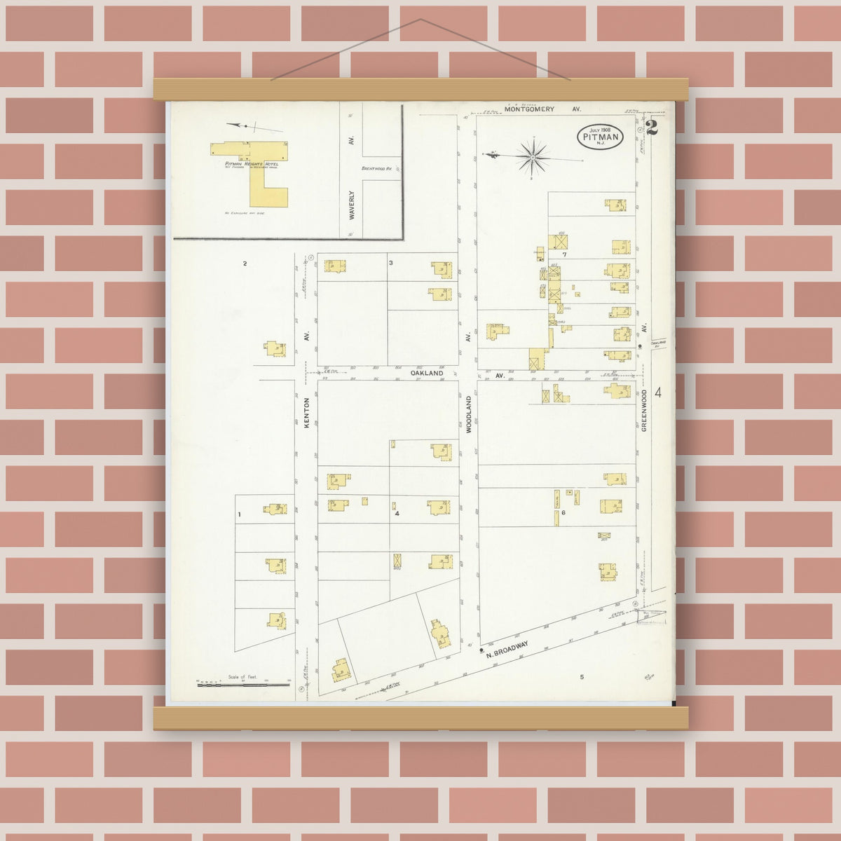Old map wall art mockup — magnetic wood frame on brick wall — Sanborn Fire Insurance Map from Pitman, Gloucester County, New Jersey (1908), Sheet #0002