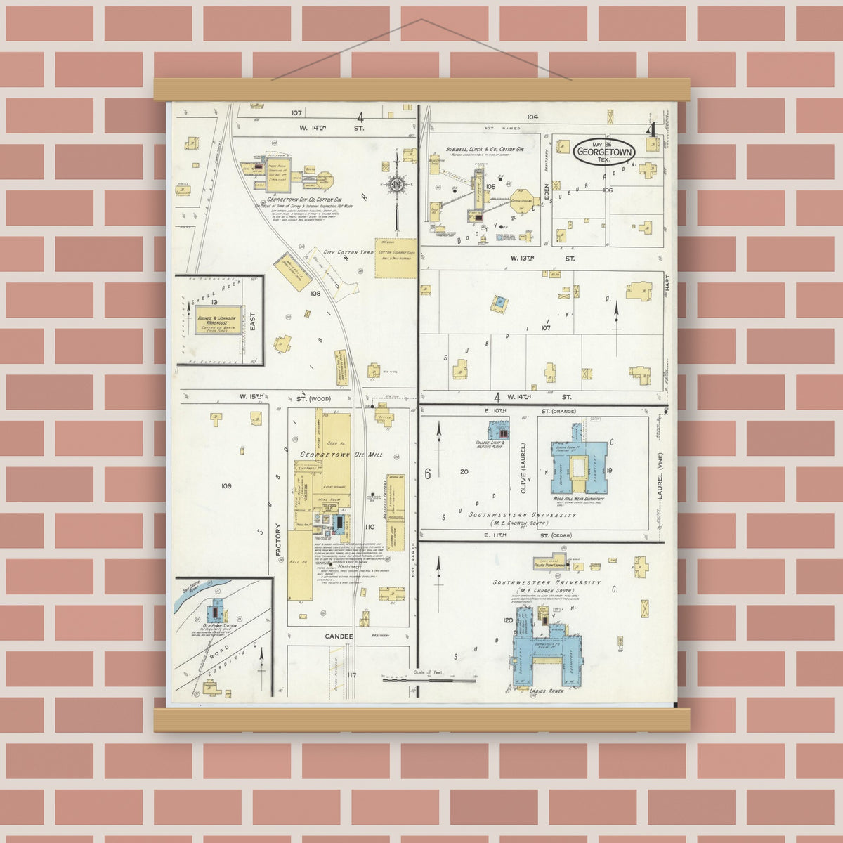 Old map wall art mockup — magnetic wood frame on brick wall — Sanborn Fire Insurance Map from Georgetown, Williamson County, Texas (1916), Sheet #0004