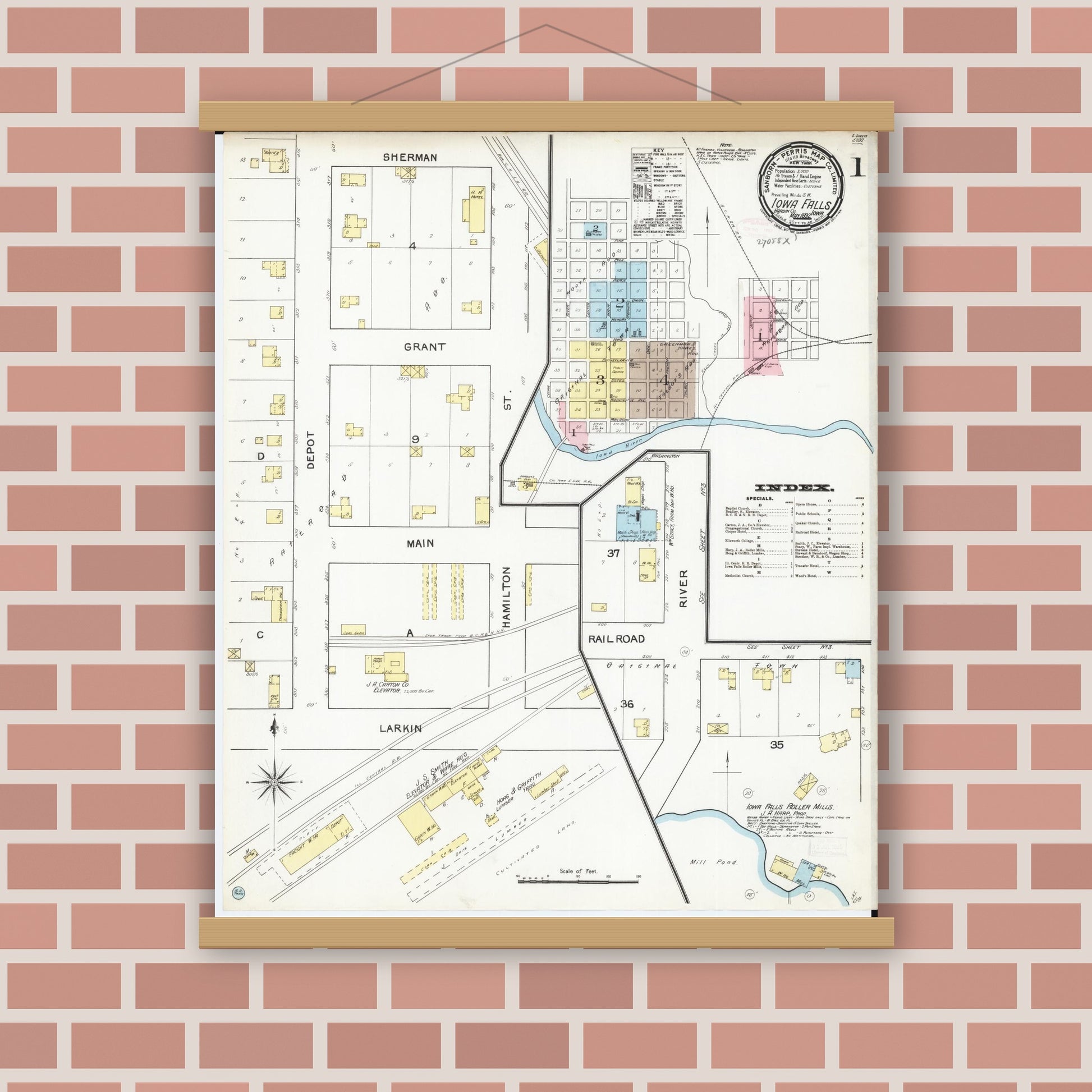 Old map wall art mockup — magnetic wood frame on brick wall — Sanborn Fire Insurance Map from Iowa Falls, Hardin County, Iowa (1892) â€” Complete Set