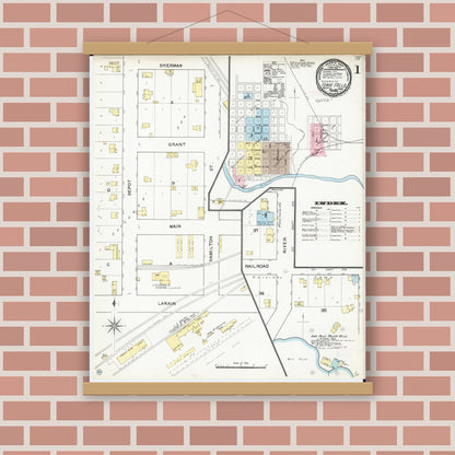 Old map wall art mockup — magnetic wood frame on brick wall — Sanborn Fire Insurance Map from Iowa Falls, Hardin County, Iowa (1892) â€” Complete Set