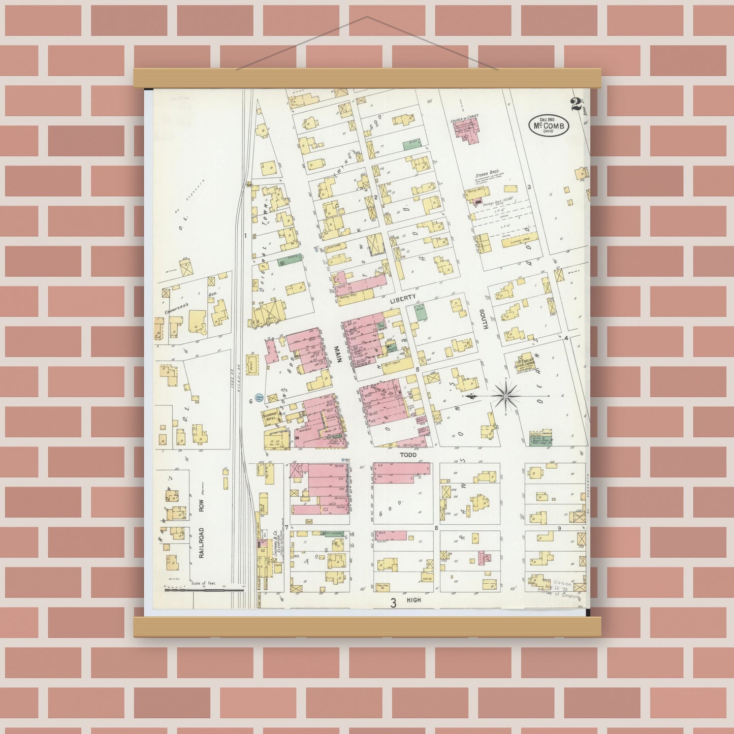 Old map wall art mockup — magnetic wood frame on brick wall — Sanborn Fire Insurance Map from McComb, Hancock County, Ohio (1901), Sheet #0002