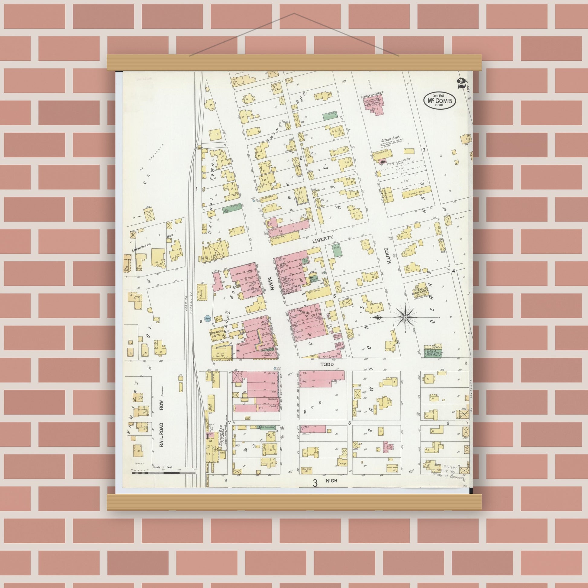 Old map wall art mockup — magnetic wood frame on brick wall — Sanborn Fire Insurance Map from McComb, Hancock County, Ohio (1901), Sheet #0002