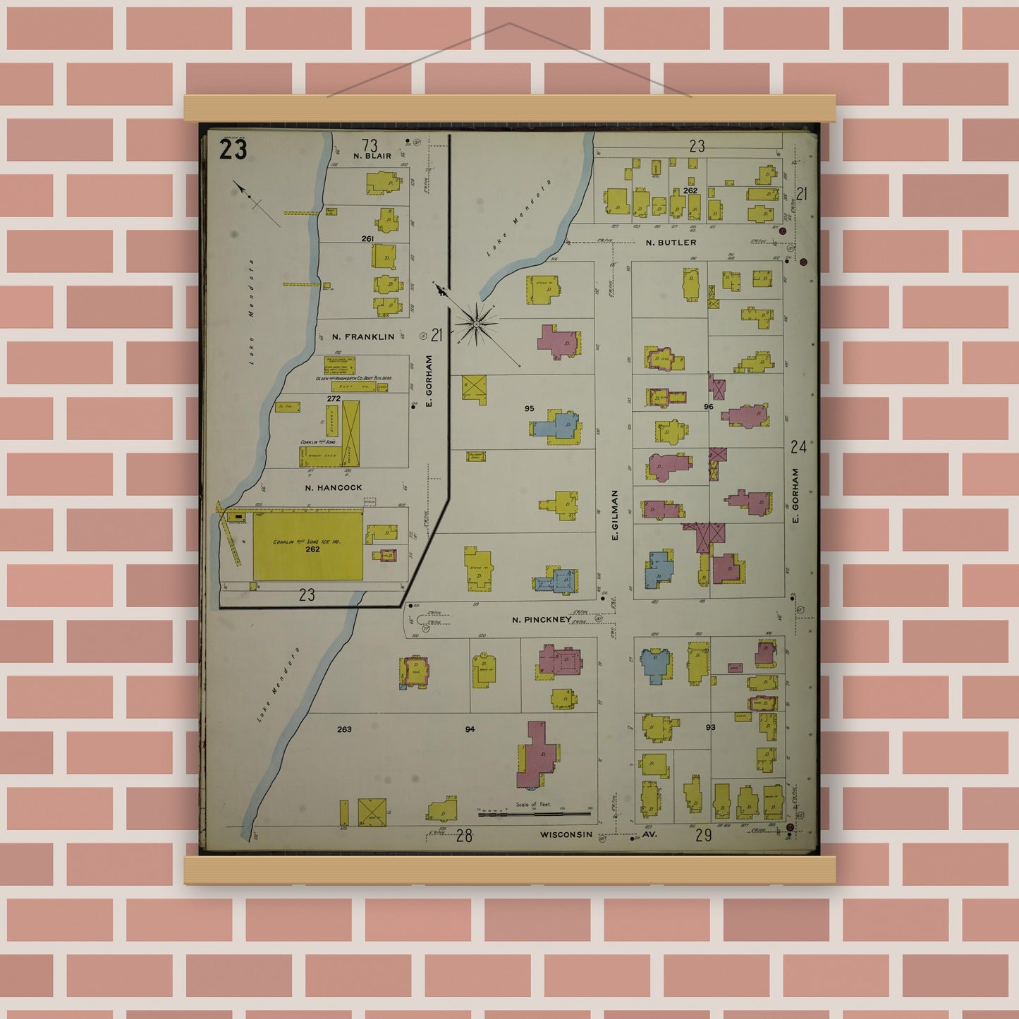 Old map wall art mockup — magnetic wood frame on brick wall — Sanborn Fire Insurance Map from Madison, Dane County, Wisconsin (1908), Sheet #0023