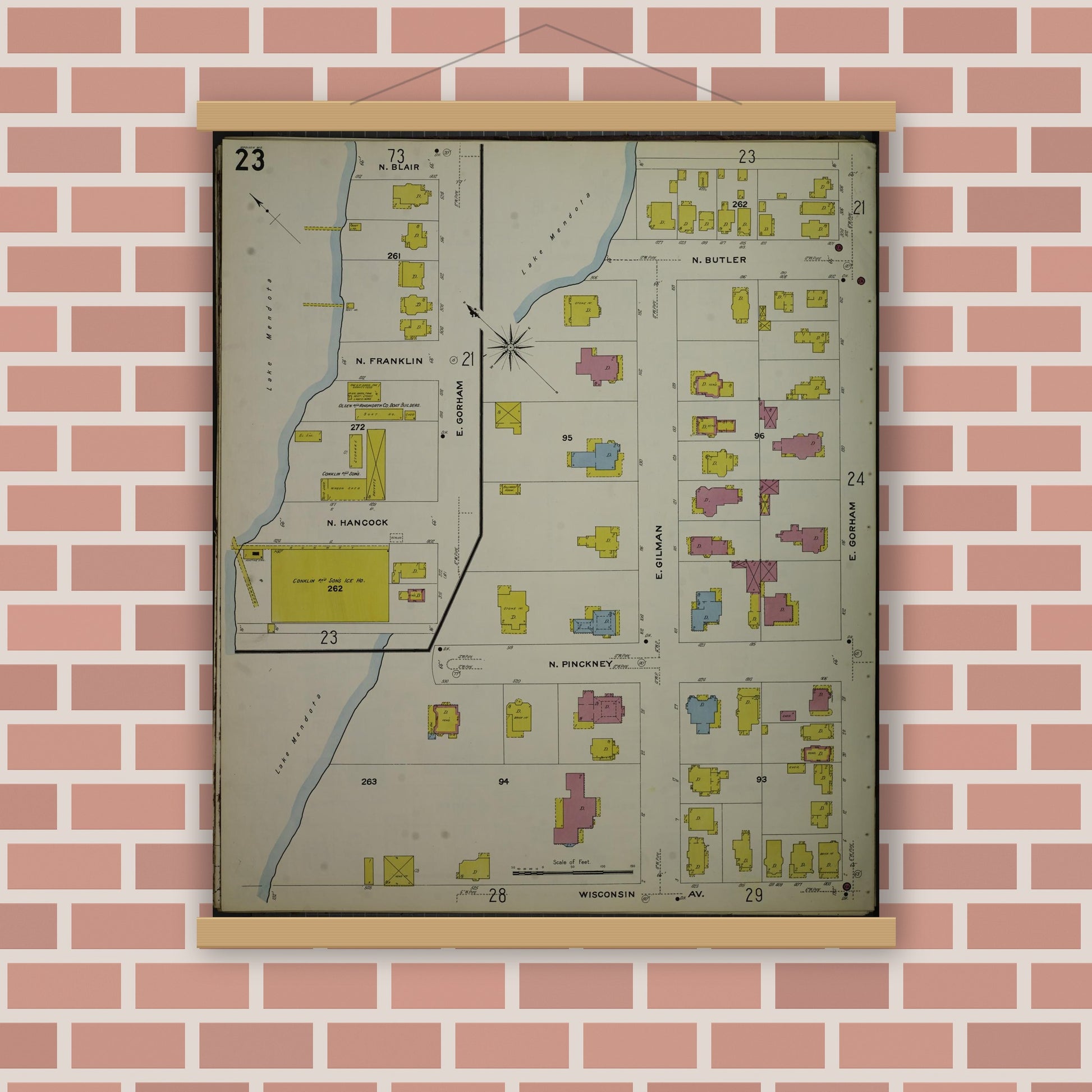 Old map wall art mockup — magnetic wood frame on brick wall — Sanborn Fire Insurance Map from Madison, Dane County, Wisconsin (1908), Sheet #0023