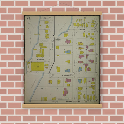 Old map wall art mockup — magnetic wood frame on brick wall — Sanborn Fire Insurance Map from Madison, Dane County, Wisconsin (1908), Sheet #0023