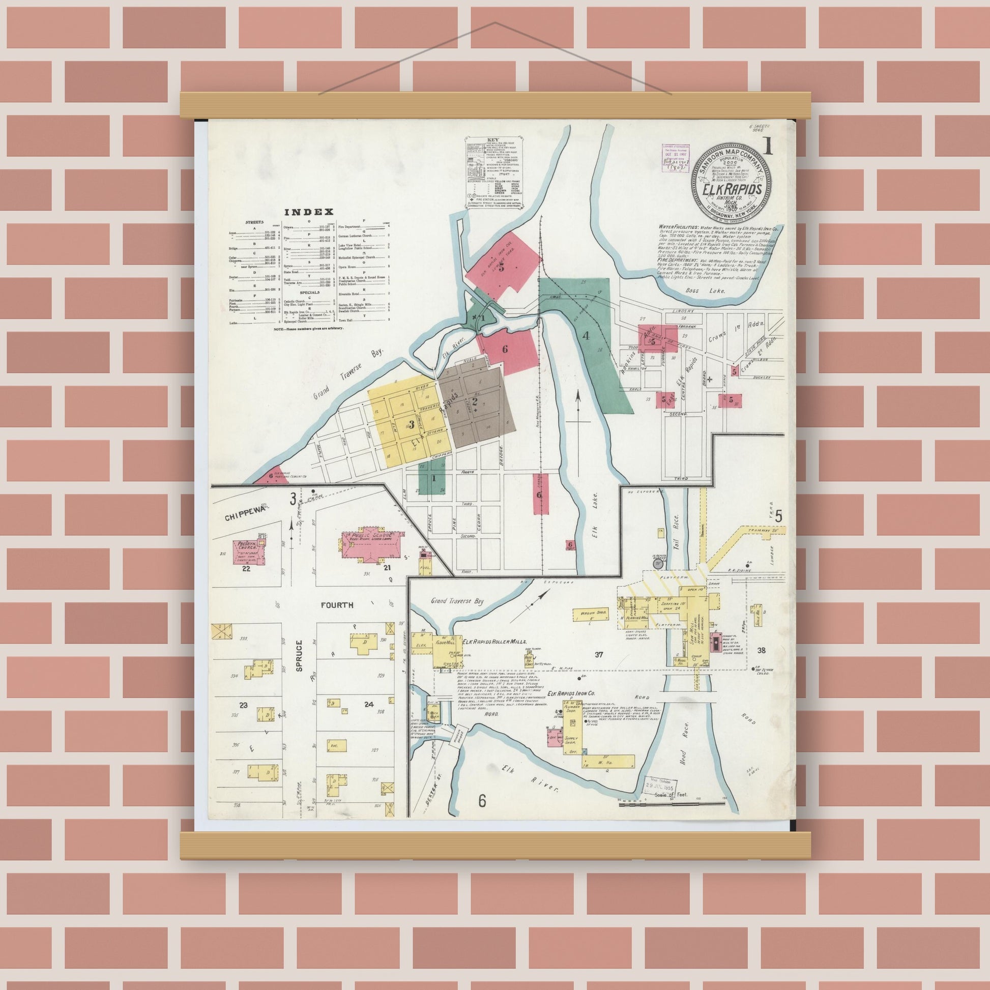 Old map wall art mockup — magnetic wood frame on brick wall — Sanborn Fire Insurance Map from Elk Rapids, Antrim County, Michigan (1907) - Complete Map Set