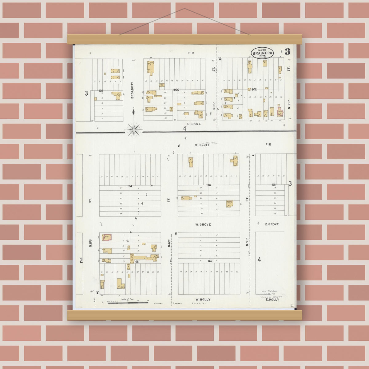 Old map wall art mockup — magnetic wood frame on brick wall — Sanborn Fire Insurance Map from Brainerd, Crow Wing County, Minnesota (1898), Sheet #0003