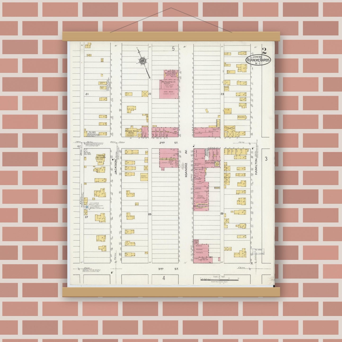 Old map wall art mockup — magnetic wood frame on brick wall — Sanborn Fire Insurance Map from Roanoke Rapids, Halifax County, North Carolina (1919), Sheet #0002