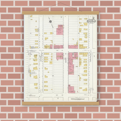 Old map wall art mockup — magnetic wood frame on brick wall — Sanborn Fire Insurance Map from Roanoke Rapids, Halifax County, North Carolina (1919), Sheet #0002