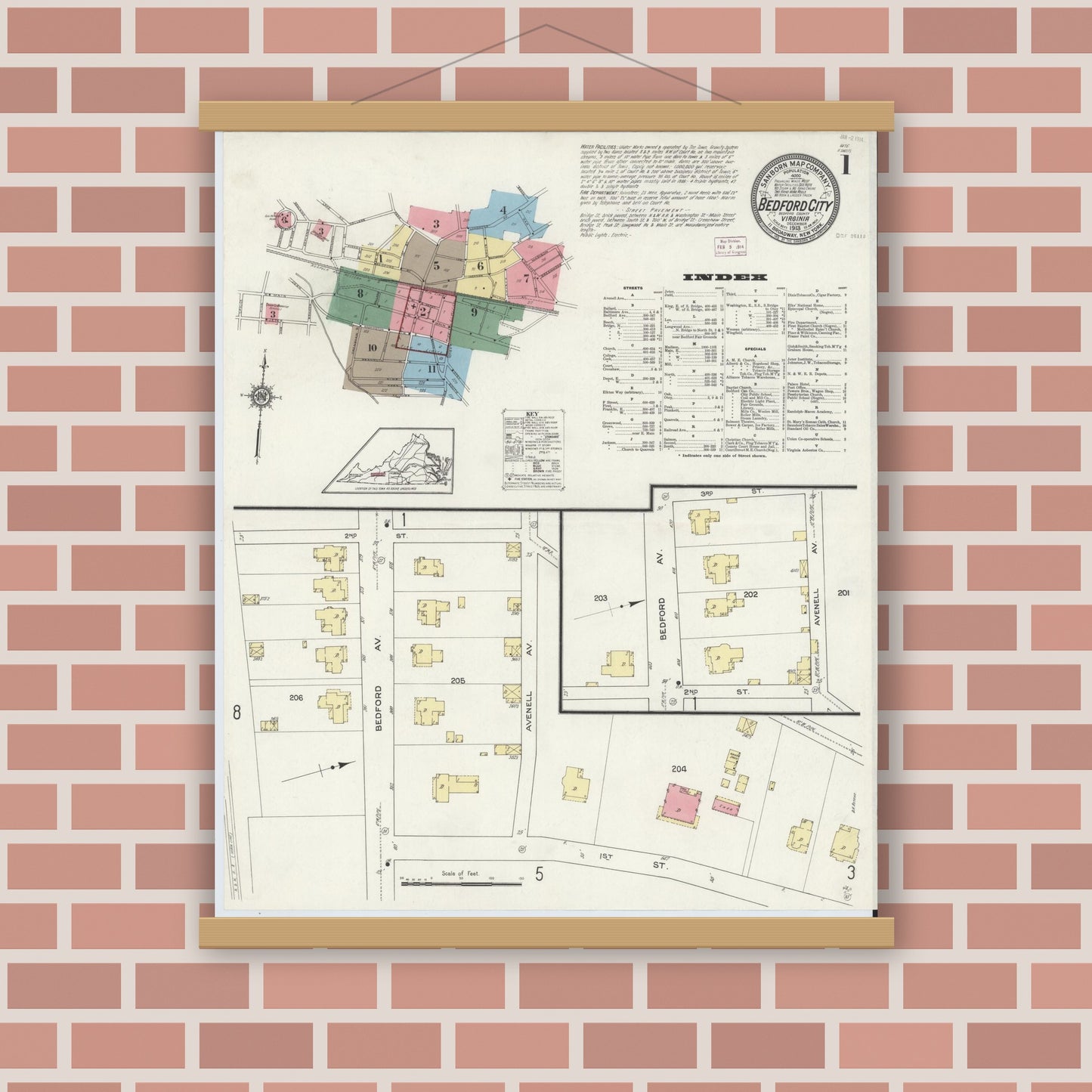 Old map wall art mockup — magnetic wood frame on brick wall — Sanborn Fire Insurance Map from Bedford, Independent Cities, Virginia (1913) - Complete Map Set