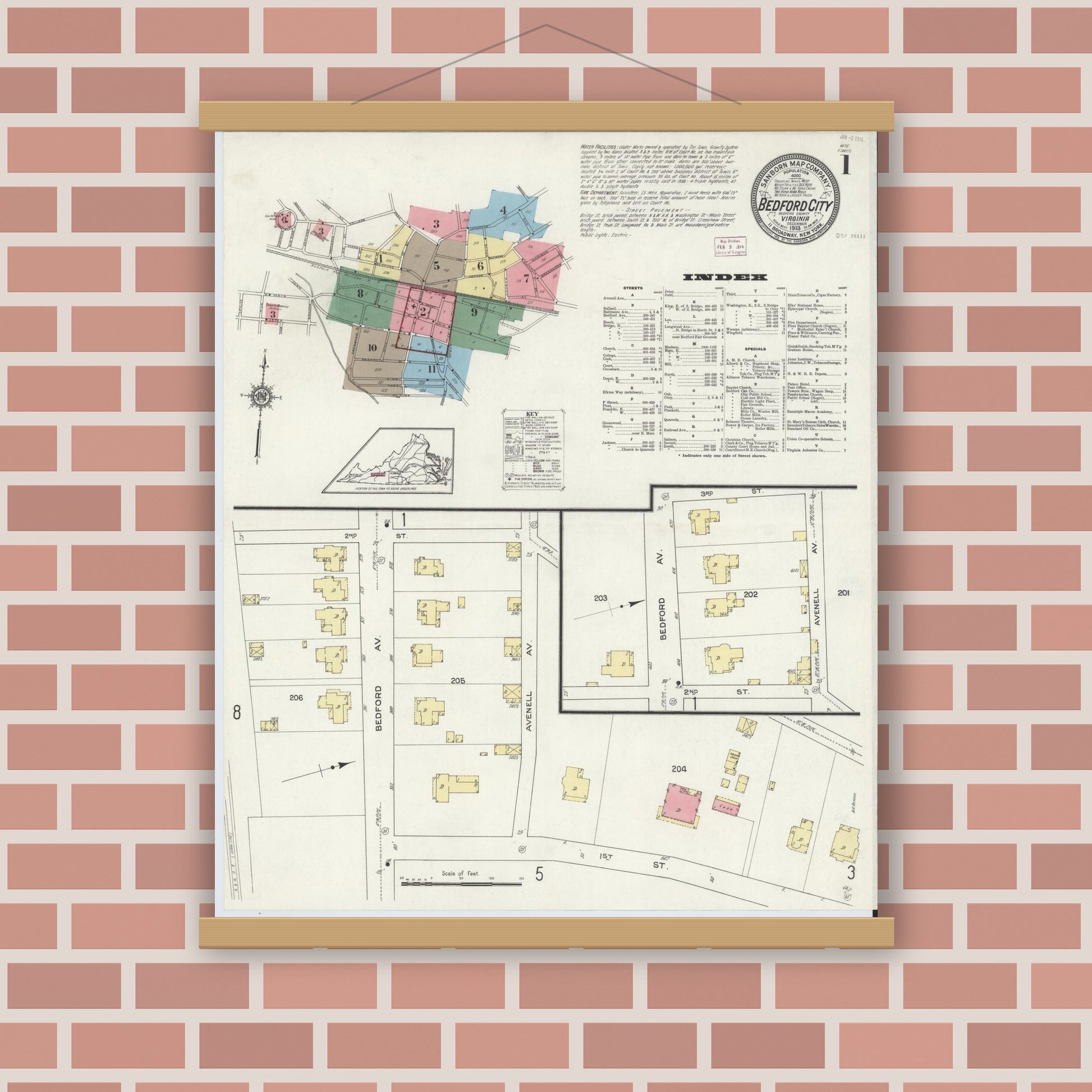 Old map wall art mockup — magnetic wood frame on brick wall — Sanborn Fire Insurance Map from Bedford, Independent Cities, Virginia (1913) - Complete Map Set