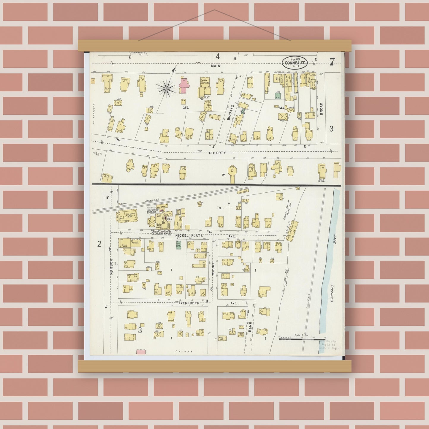 Old map wall art mockup — magnetic wood frame on brick wall — Sanborn Fire Insurance Map from Conneaut, Ashtabula County, Ohio (1898), Sheet #0007