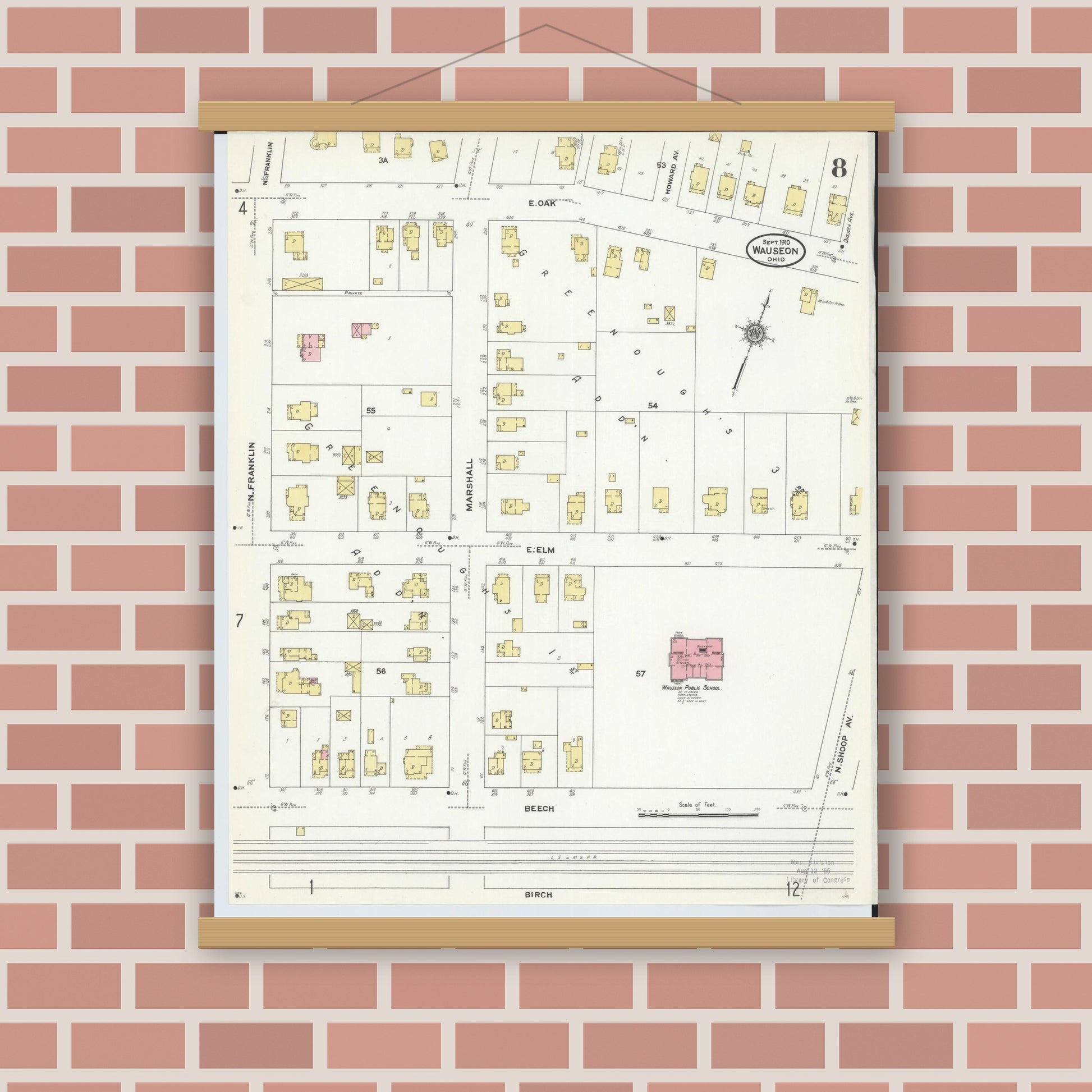 Old map wall art mockup — magnetic wood frame on brick wall — Sanborn Fire Insurance Map from Wauseon, Fulton County, Ohio (1910), Sheet #0008