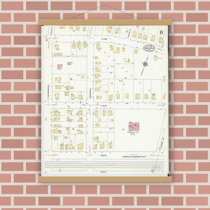 Old map wall art mockup — magnetic wood frame on brick wall — Sanborn Fire Insurance Map from Wauseon, Fulton County, Ohio (1910), Sheet #0008