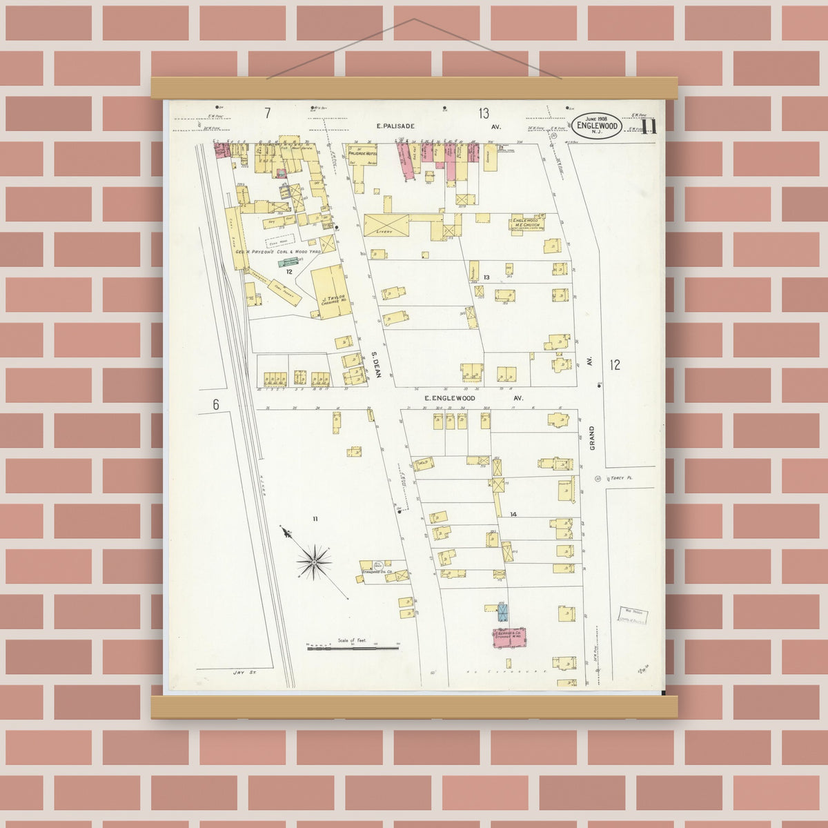 Old map wall art mockup — magnetic wood frame on brick wall — Sanborn Fire Insurance Map from Englewood, Bergen County, New Jersey (1908), Sheet #0011