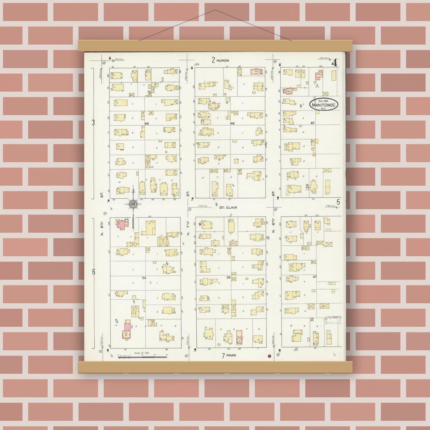 Old map wall art mockup — magnetic wood frame on brick wall — Sanborn Fire Insurance Map from Manitowoc, Manitowoc County, Wisconsin (1912), Sheet #0004