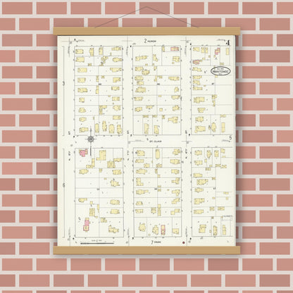 Old map wall art mockup — magnetic wood frame on brick wall — Sanborn Fire Insurance Map from Manitowoc, Manitowoc County, Wisconsin (1912), Sheet #0004