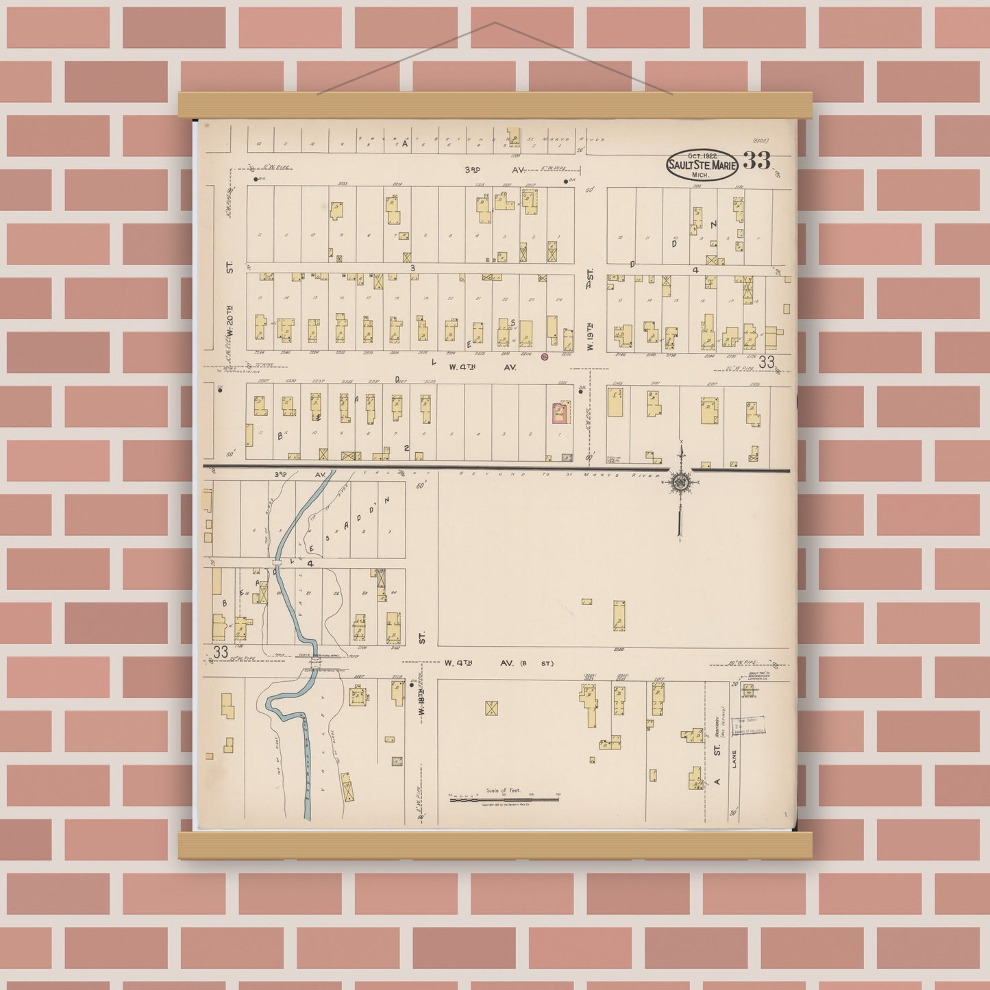 Old map wall art mockup — magnetic wood frame on brick wall — Sanborn Fire Insurance Map from Sault Sainte Marie, Chippewa County, Michigan (1922), Sheet #0033