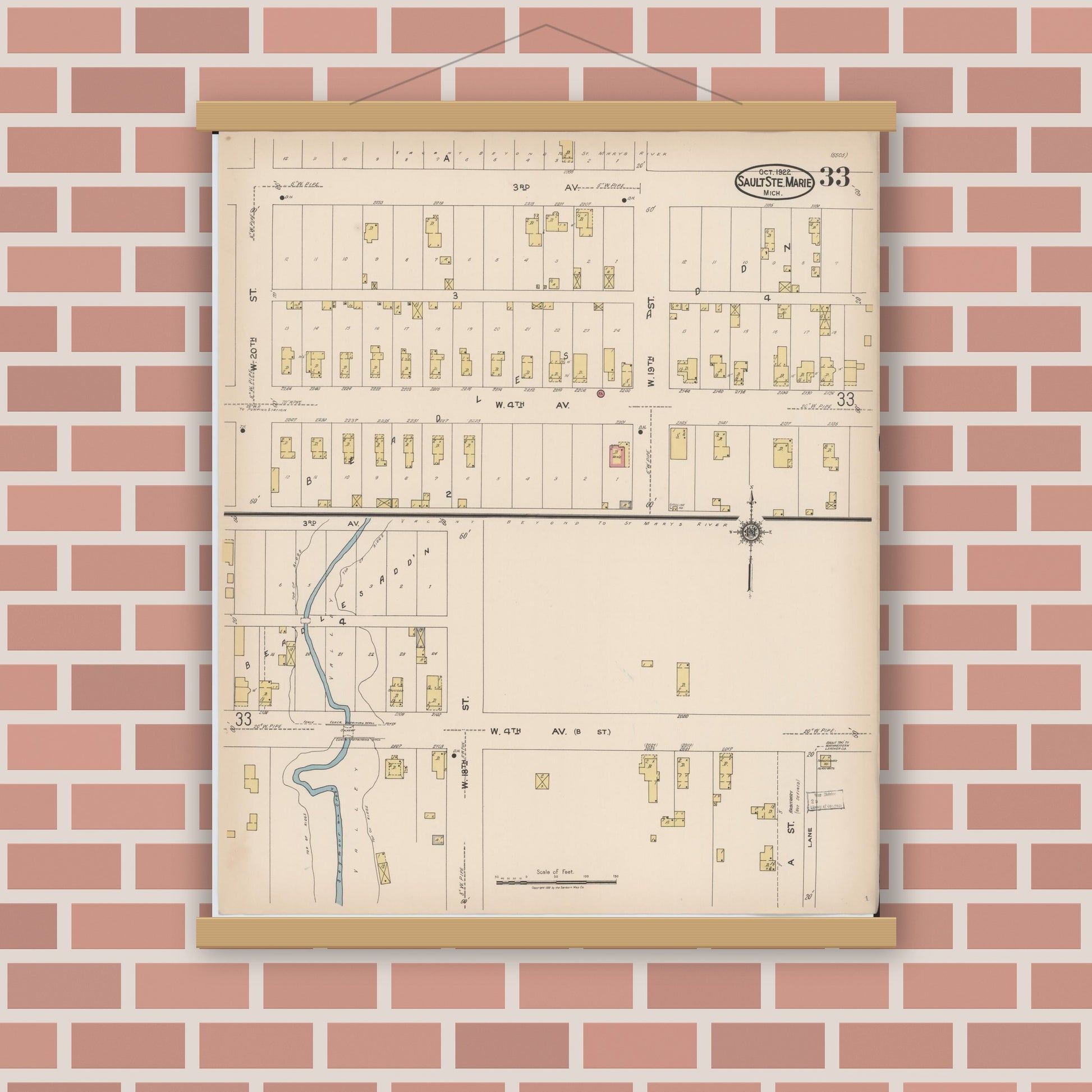 Old map wall art mockup — magnetic wood frame on brick wall — Sanborn Fire Insurance Map from Sault Sainte Marie, Chippewa County, Michigan (1922), Sheet #0033