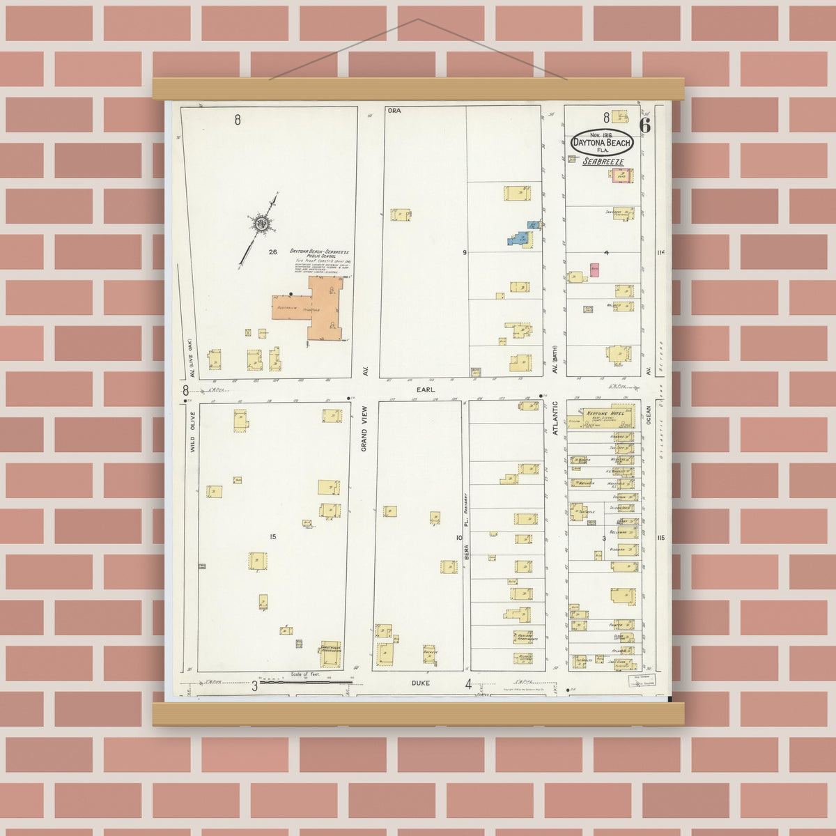 Old map wall art mockup — magnetic wood frame on brick wall — Sanborn Fire Insurance Map from Daytona Beach, Volusia County, Florida (1916), Sheet #0006