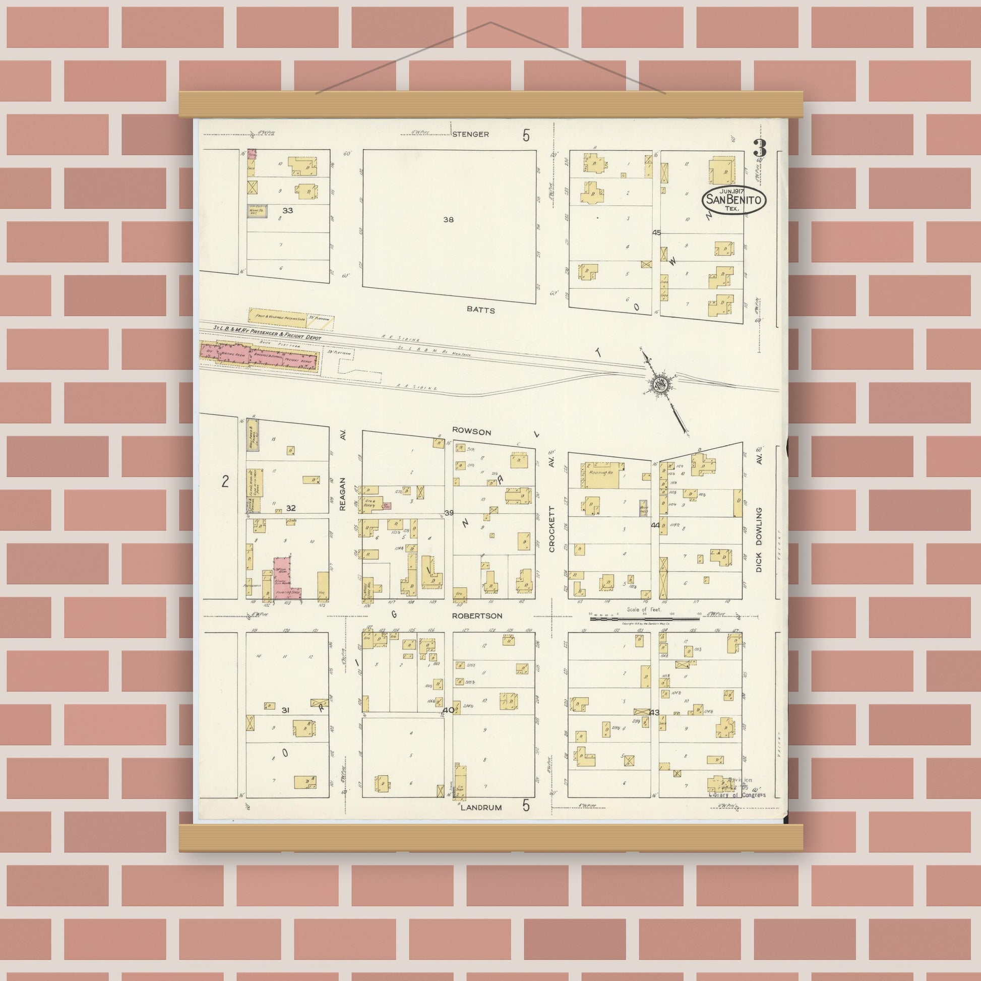 Old map wall art mockup — magnetic wood frame on brick wall — Sanborn Fire Insurance Map from San Benito, Cameron County, Texas (1917), Sheet #0003