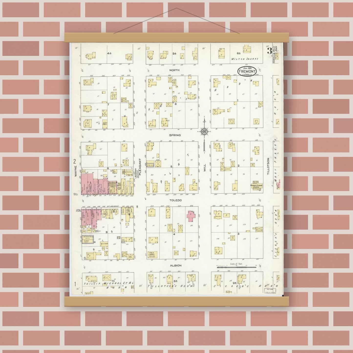Old map wall art mockup — magnetic wood frame on brick wall — Sanborn Fire Insurance Map from Fremont, Steuben County, Indiana (1914), Sheet #0003