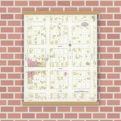 Old map wall art mockup — magnetic wood frame on brick wall — Sanborn Fire Insurance Map from Fremont, Steuben County, Indiana (1914), Sheet #0003