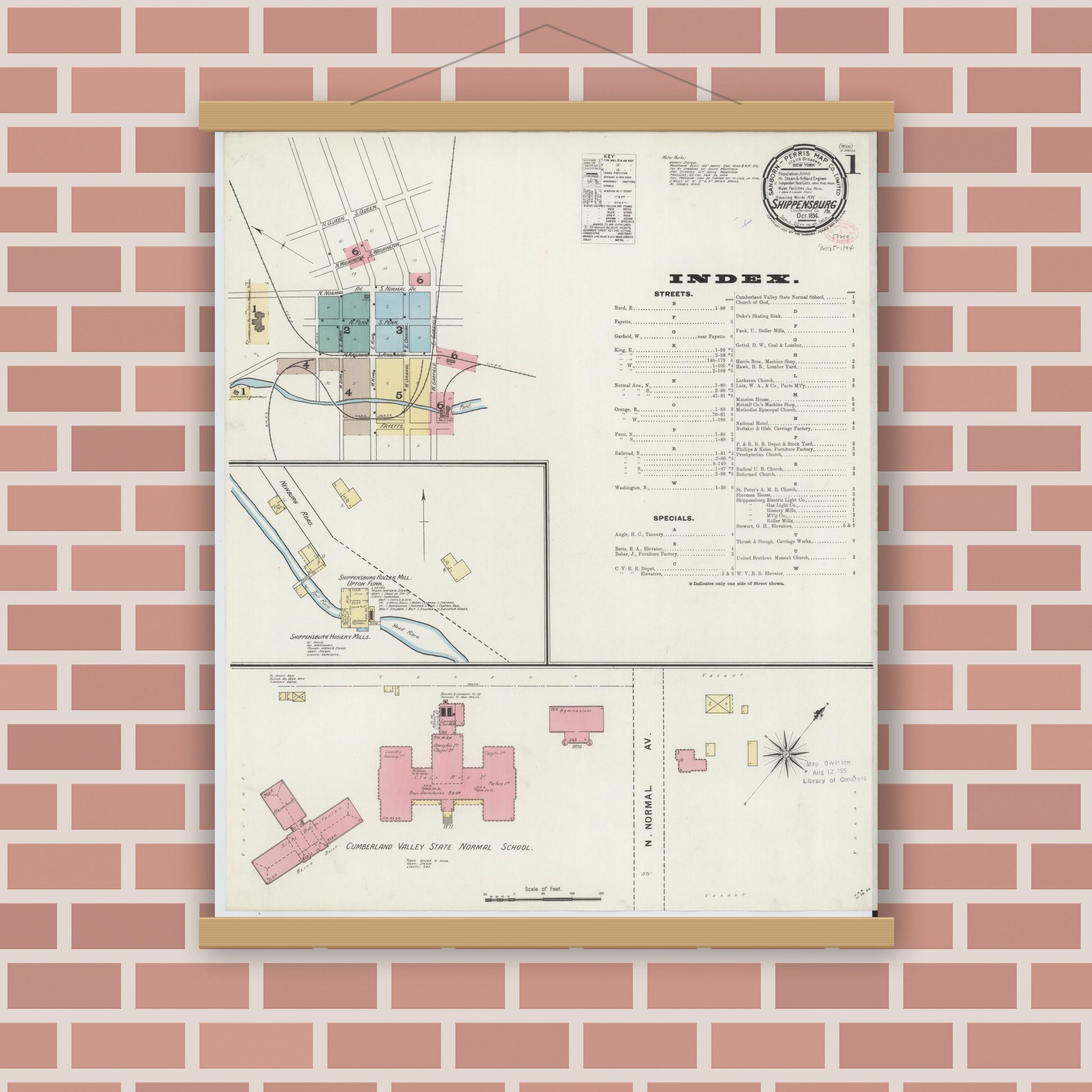 Old map wall art mockup — magnetic wood frame on brick wall — Sanborn Fire Insurance Map from Shippensburg, Cumberland And Franklin Counties, Pennsylvania (1894) - Complete Map Set