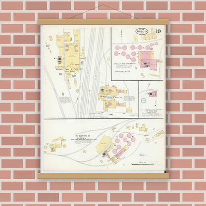 Old map wall art mockup — magnetic wood frame on brick wall — Sanborn Fire Insurance Map from Massillon, Stark County, Ohio (1908), Sheet #0019