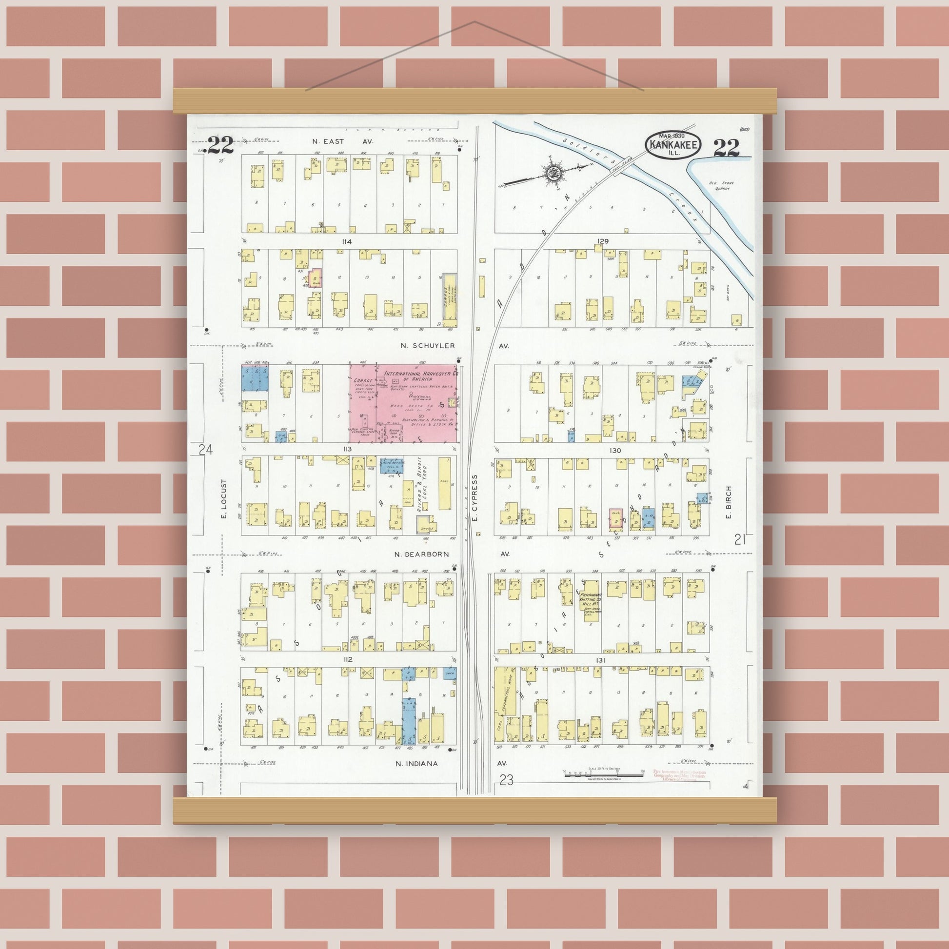 Old map wall art mockup — magnetic wood frame on brick wall — Sanborn Fire Insurance Map from Kankakee, Kankakee County, Illinois (1930), Sheet #0022