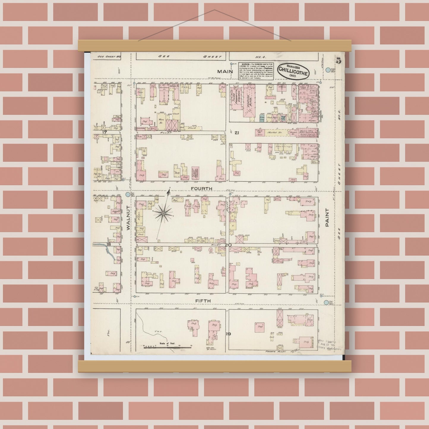 Old map wall art mockup — magnetic wood frame on brick wall — Sanborn Fire Insurance Map from Chillicothe, Ross County, Ohio (1884), Sheet #0005