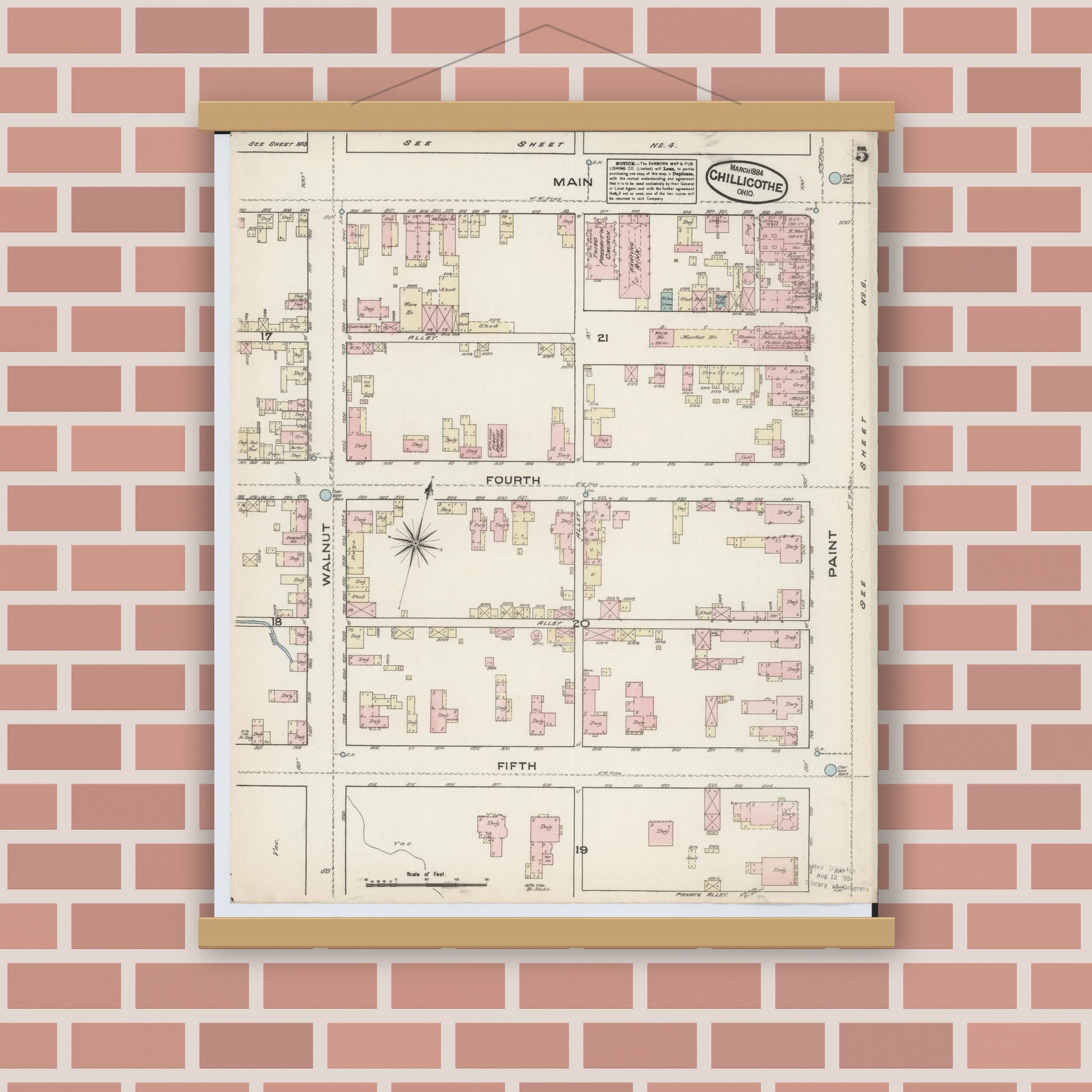 Old map wall art mockup — magnetic wood frame on brick wall — Sanborn Fire Insurance Map from Chillicothe, Ross County, Ohio (1884), Sheet #0005
