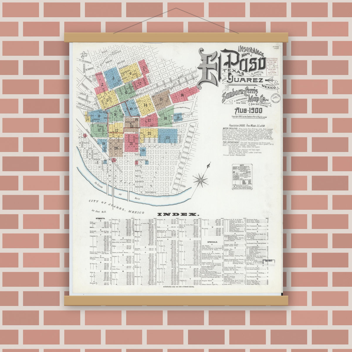 Old map wall art mockup — magnetic wood frame on brick wall — Sanborn Fire Insurance Map from El Paso, El Paso County, Texas (1900), Sheet #0001