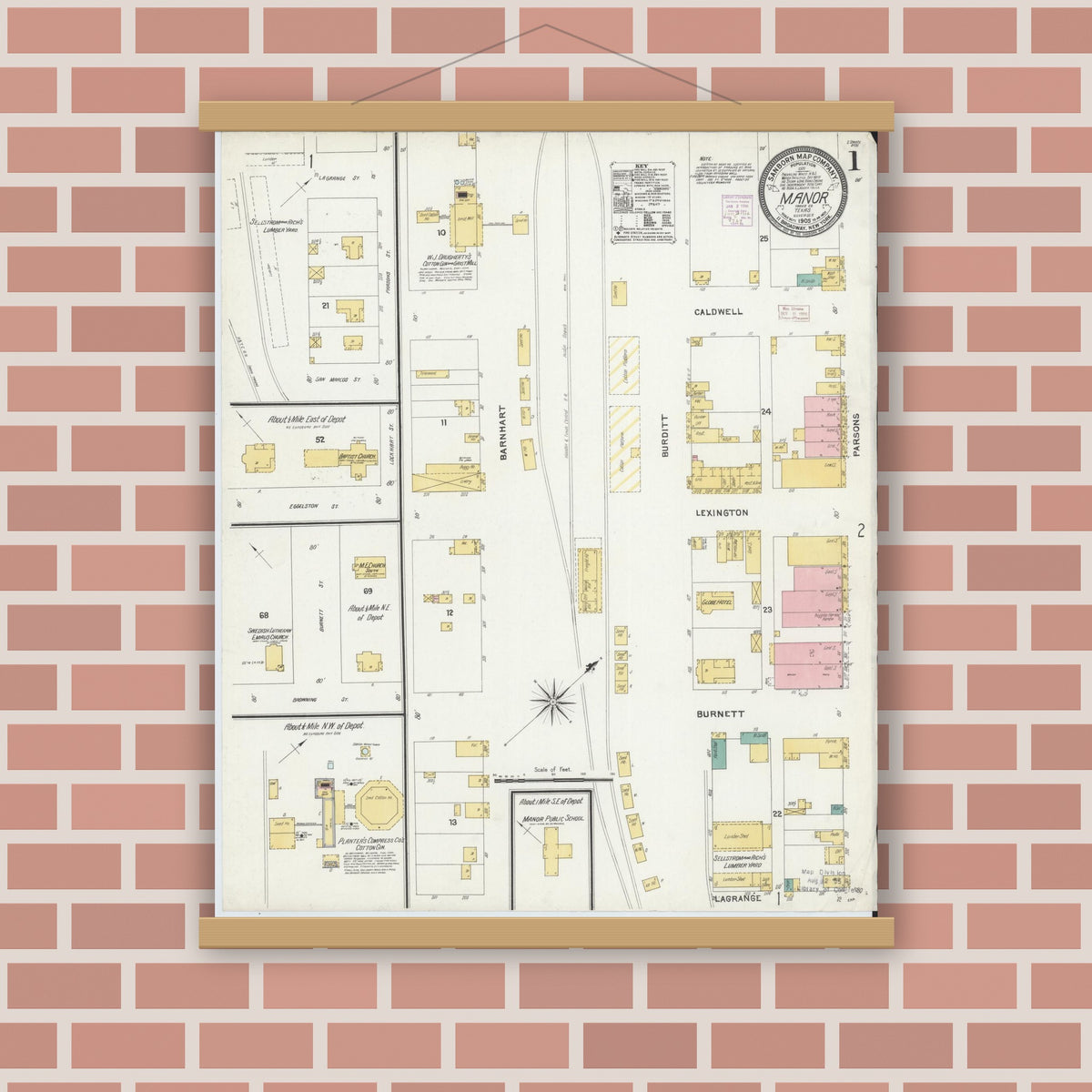 Old map wall art mockup — magnetic wood frame on brick wall — Sanborn Fire Insurance Map from Manor, Travis County, Texas (1905) - Complete Map Set