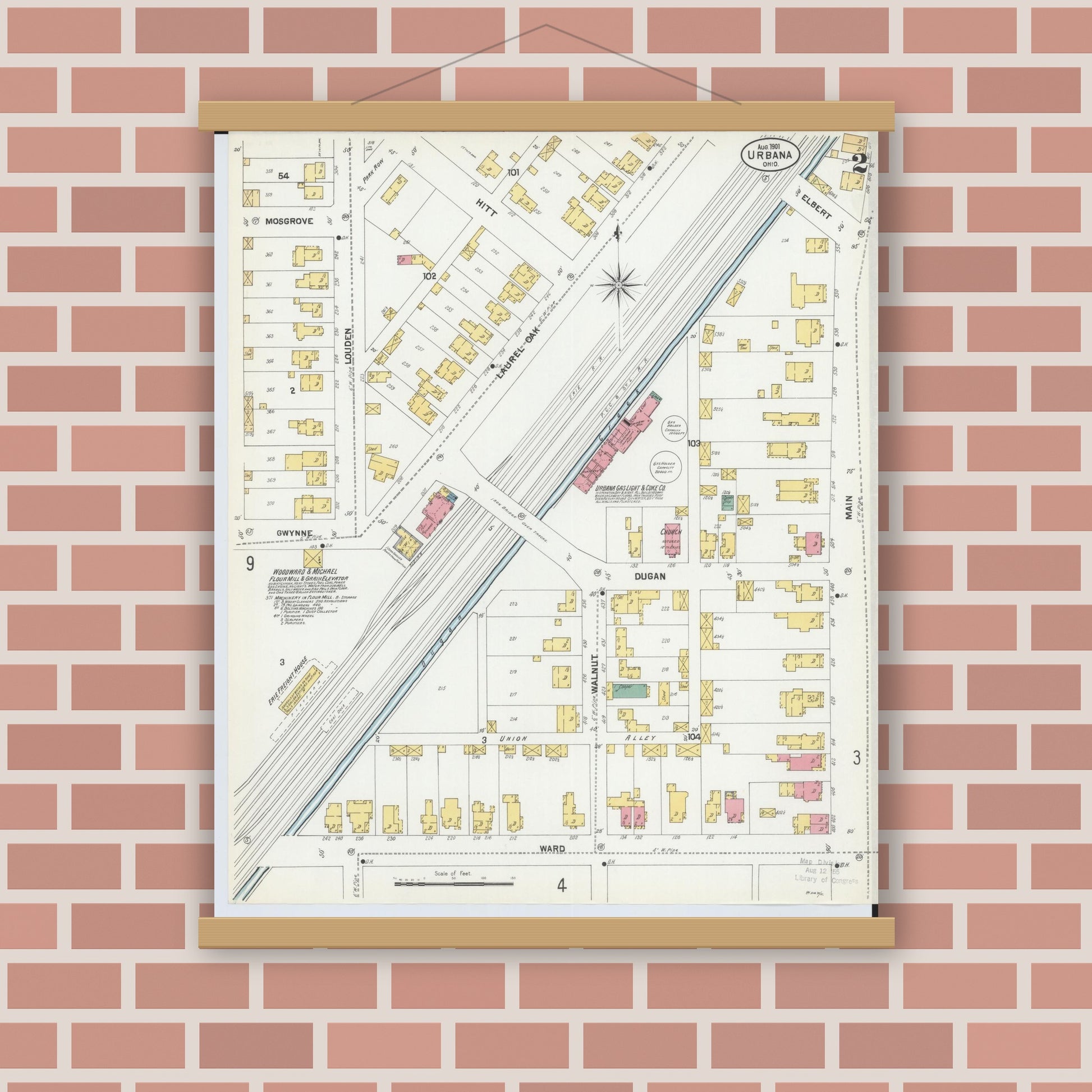 Old map wall art mockup — magnetic wood frame on brick wall — Sanborn Fire Insurance Map from Urbana, Champaign County, Ohio (1901), Sheet #0002