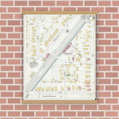Old map wall art mockup — magnetic wood frame on brick wall — Sanborn Fire Insurance Map from Urbana, Champaign County, Ohio (1901), Sheet #0002