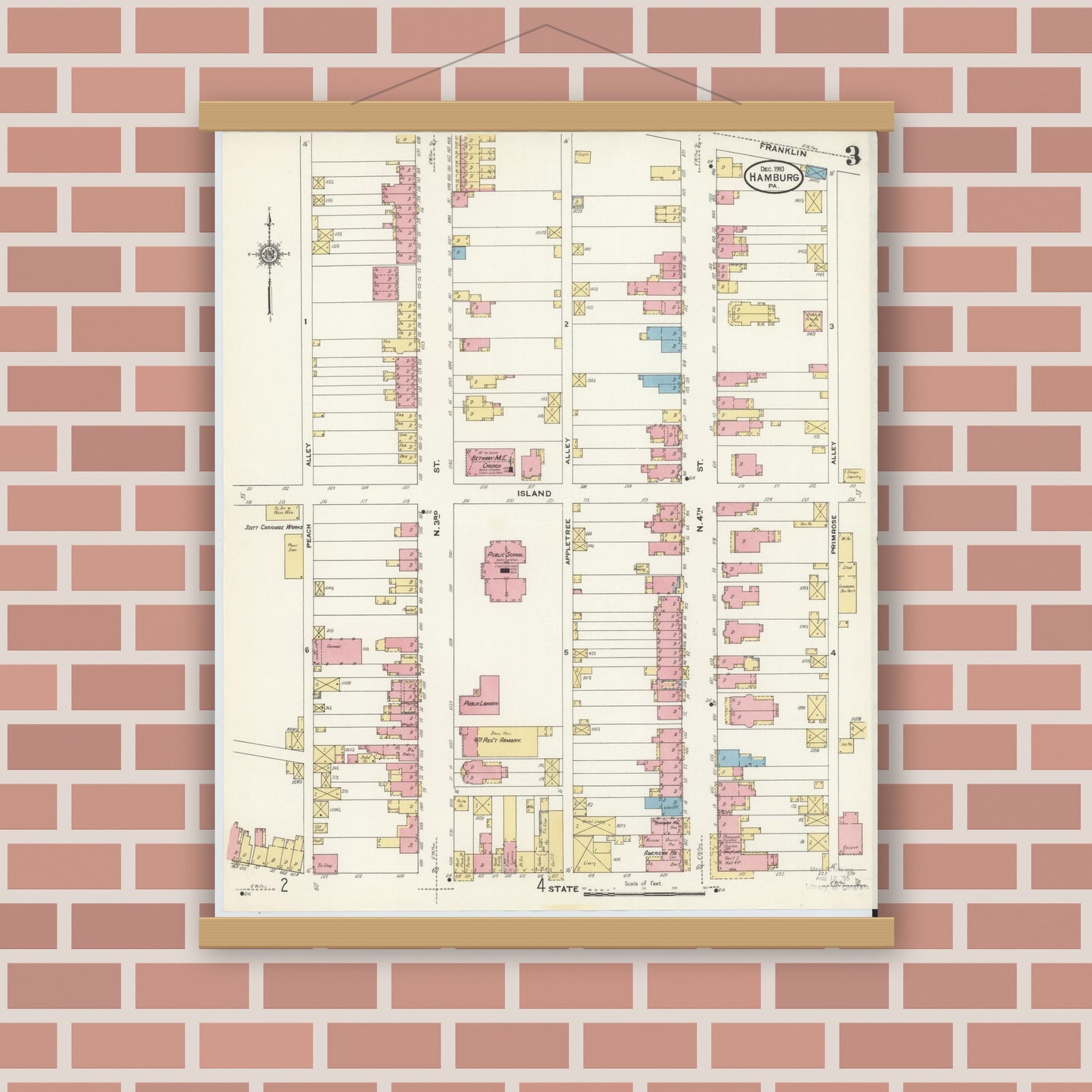 Old map wall art mockup — magnetic wood frame on brick wall — Sanborn Fire Insurance Map from Hamburg, Berks County, Pennsylvania (1910), Sheet #0003