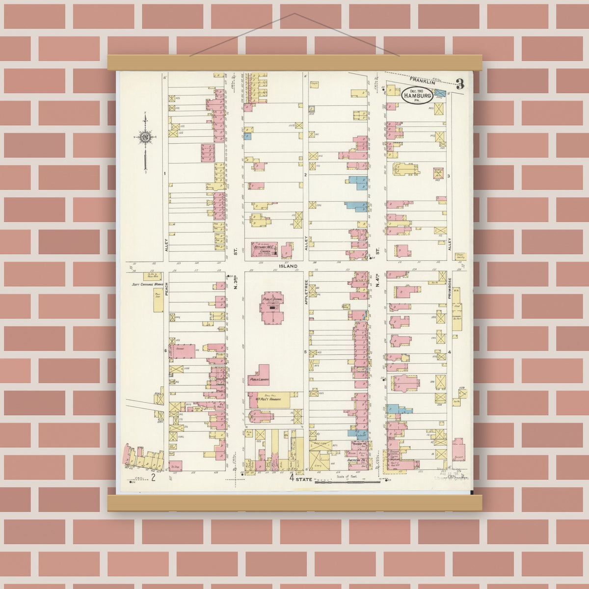Old map wall art mockup — magnetic wood frame on brick wall — Sanborn Fire Insurance Map from Hamburg, Berks County, Pennsylvania (1910), Sheet #0003