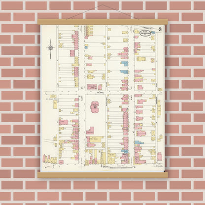 Old map wall art mockup — magnetic wood frame on brick wall — Sanborn Fire Insurance Map from Hamburg, Berks County, Pennsylvania (1910), Sheet #0003