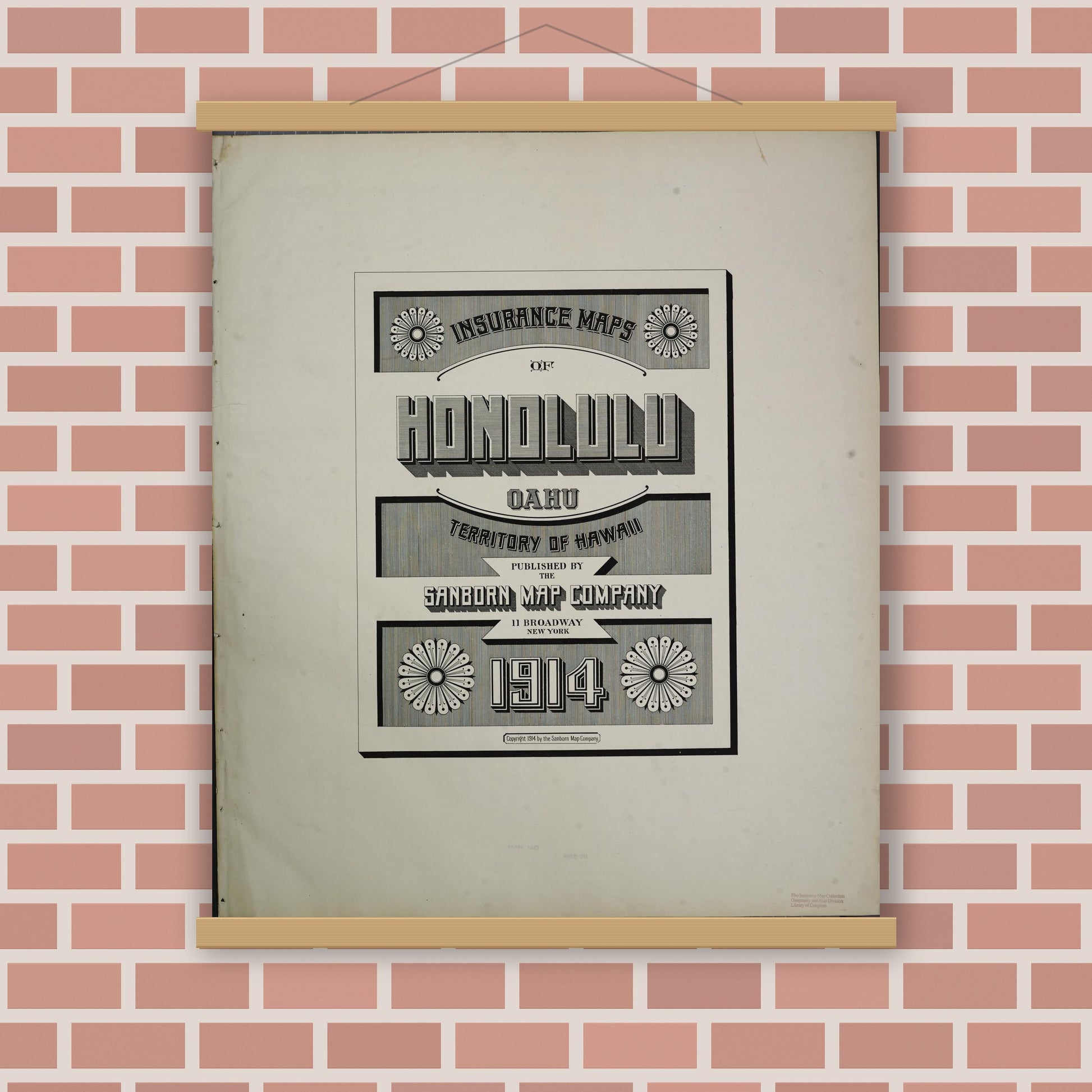 Old map wall art mockup — magnetic wood frame on brick wall — Sanborn Fire Insurance Map from Honolulu, Oahu County, Hawaii (1914), Sheet #0001