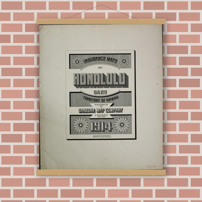 Old map wall art mockup — magnetic wood frame on brick wall — Sanborn Fire Insurance Map from Honolulu, Oahu County, Hawaii (1914), Sheet #0001