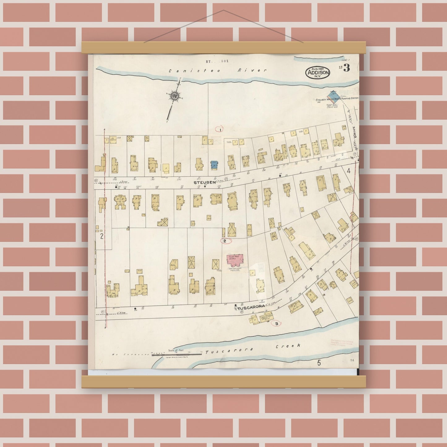 Old map wall art mockup — magnetic wood frame on brick wall — Sanborn Fire Insurance Map from Addison, Steuben County, New York (1945), Sheet #0003
