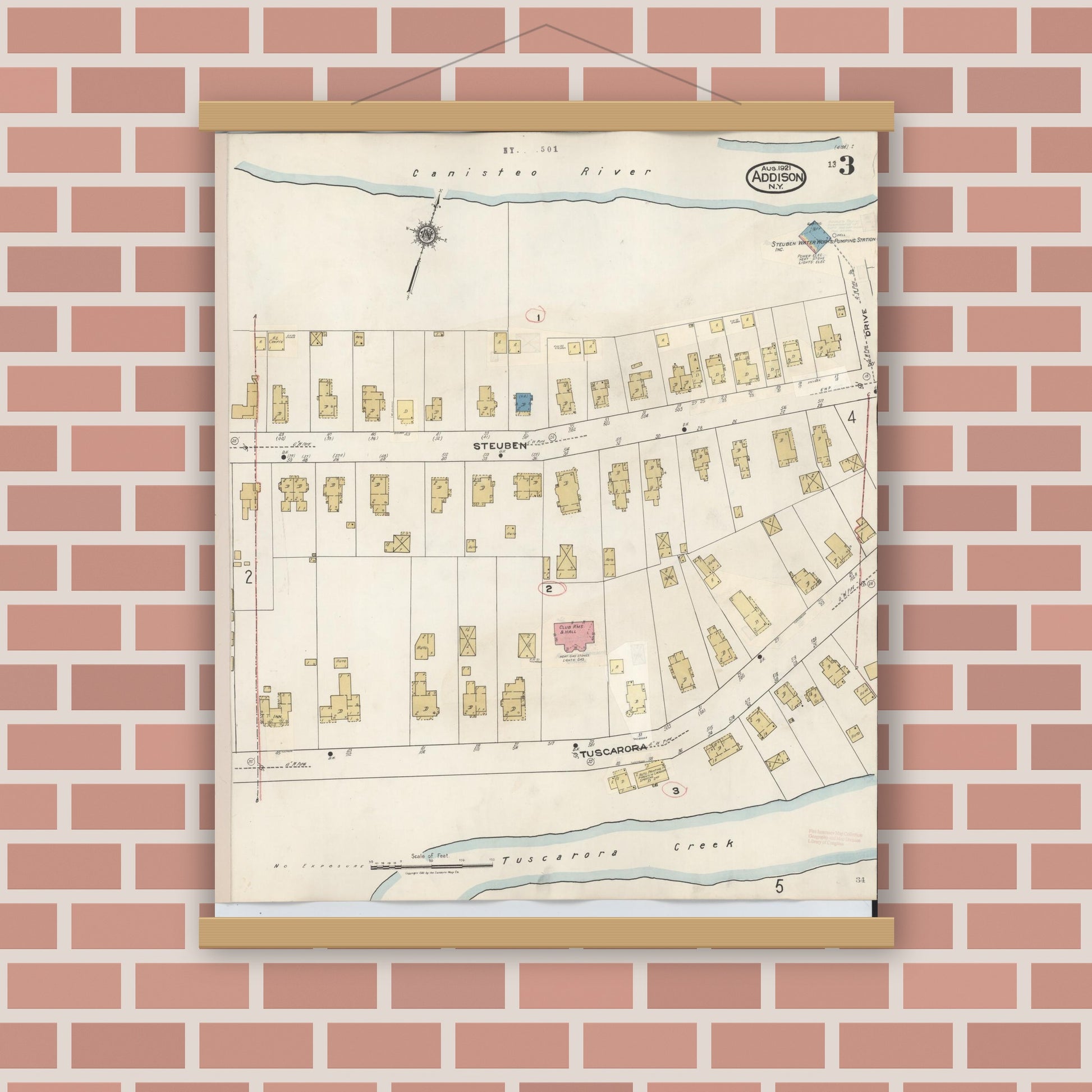Old map wall art mockup — magnetic wood frame on brick wall — Sanborn Fire Insurance Map from Addison, Steuben County, New York (1945), Sheet #0003